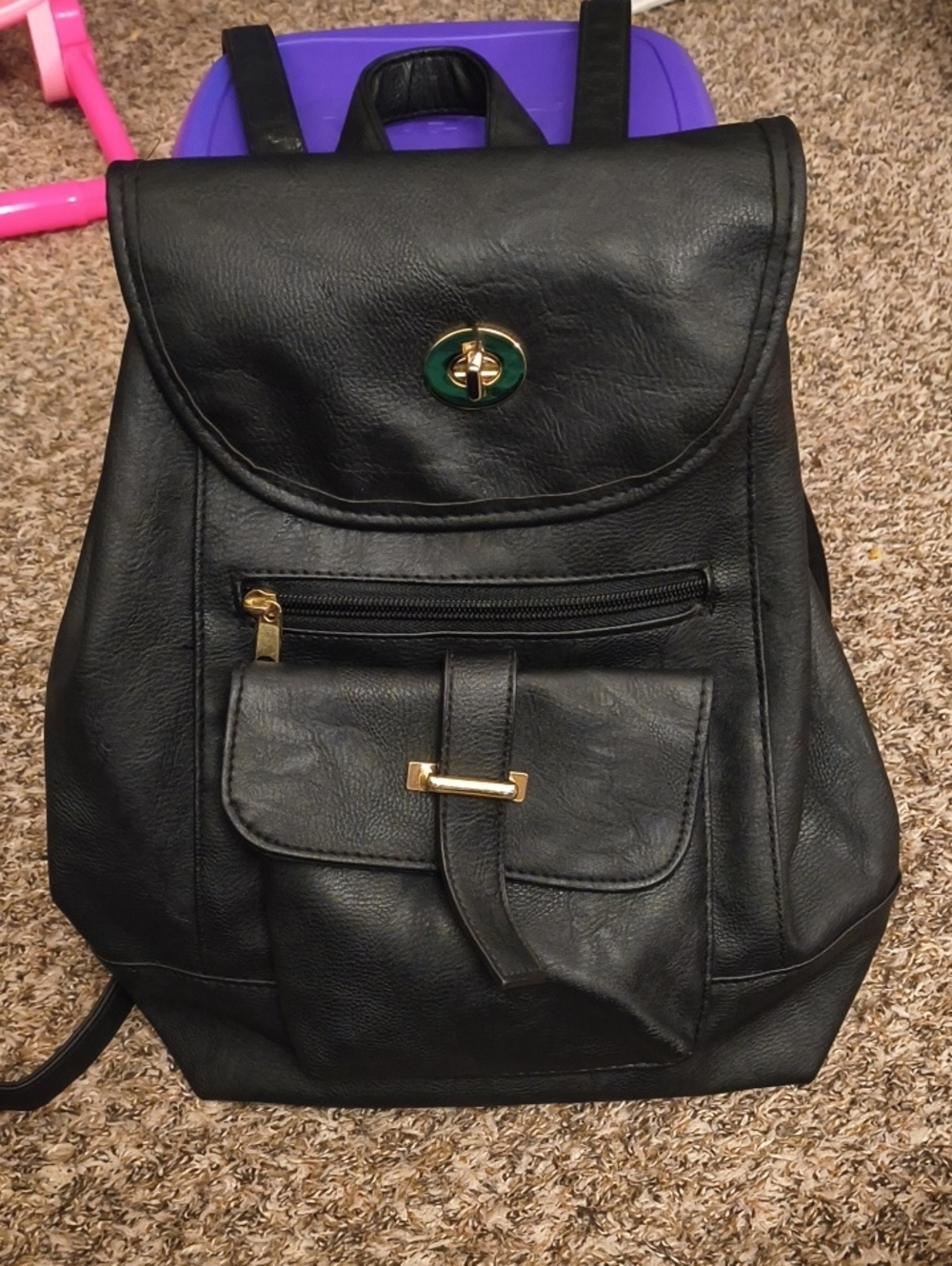 Classic Black Faux-Leather Backpack Purse